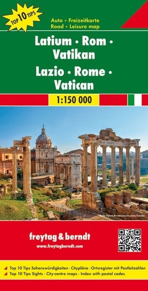 Explore Lazio & Rome with the F&B Road Map (1:150k). Navigate the region, plus get detailed city plans for Rome, Vatican City, and Ostia Antica.