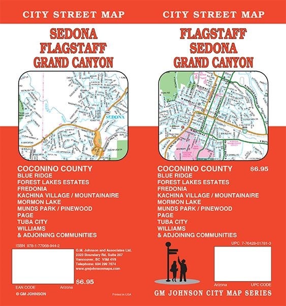 Front cover and interior street index view of the GM Johnson folding road map for Flagstaff, Sedona, Grand Canyon Village, and Coconino County.