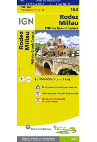 Rodez Millau - France map IGN162. The brand new revision of the IGN Top 100 maps - originally designed for cyclists they should appeal to anyone who wants to explore their holiday area of France in detail by walking, cycling or by car. IGN says the new To