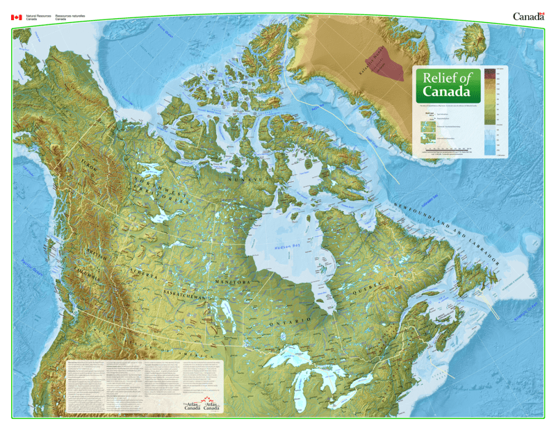 Canada Wall Map with Shaded Relief - Large. Explore Canada's topography with the official NRCan Relief Map. Features detailed shaded relief, bathymetric tints, and the 1999 Nunavut boundaries in a unique perspective projection. Canada Wall Map with Shaded Relief - Large. Explore Canada's topography with the official NRCan Relief Map. Features detailed shaded relief, bathymetric tints, and the 1999 Nunavut boundaries in a unique perspective projection.