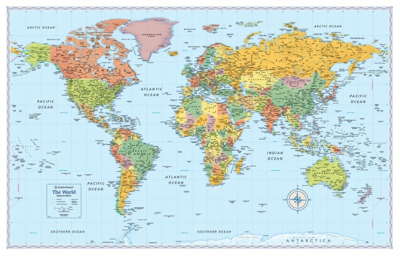 Large Rand McNally Political World Wall Map featuring Gall Stereographic projection, Africa-centric view, and color-matched topographic relief.