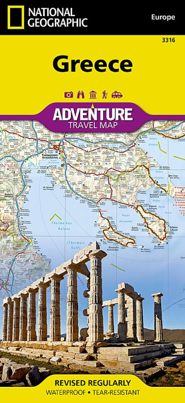 The Greece Adventure Travel Map is designed to meet the unique needs of adventure travelers with its durability and accurate information. The front side of the Greece map shows the northern region of the country with Macedonia and Bulgaria to the north, A