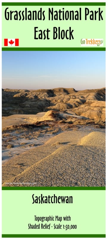 Grasslands East National Park Map. This is a folded paper map with shaded topographic relief for the eastern portion of Grasslands National Park in Saskatchewan, Canada. Shows hiking and mountain biking trails, car tours through the National Park and camp