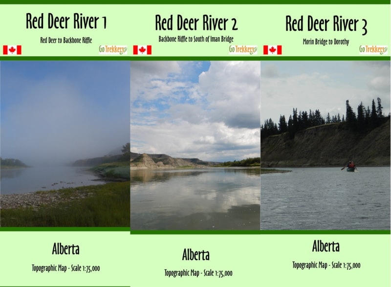 Red Deer River Canoe Map Set featuring three 1:75,000 scale topographic maps from Red Deer to Dorothy with rapids and access points. Red Deer River Canoe Map Set featuring three 1:75,000 scale topographic maps from Red Deer to Dorothy with rapids and access points.