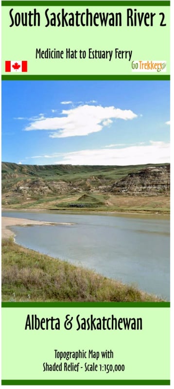 Detailed 1:75,000 topographic canoe map of the South Saskatchewan River from CFB Suffield to the Red Deer River confluence. Detailed 1:75,000 topographic canoe map of the South Saskatchewan River from CFB Suffield to the Red Deer River confluence.