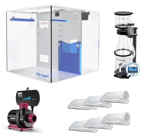 FijiCube Advanced Reef Sump 12, Simplicity 120DC Protein Skimmer,  Seltz D DC 500 GPH Pump, & Socks Package