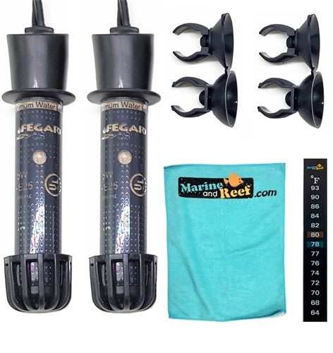 Lifegard Aquatics TWO 25 Watt (50 Watts Total) Adjustable Quartz Glass Aquarium Heater PLUS Package
