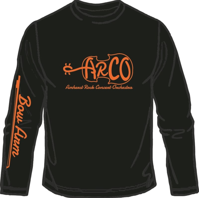 This is a  black shirt with Amherst Rock Concert Orchestra ARCO printed on the front. It is a long sleeve tee