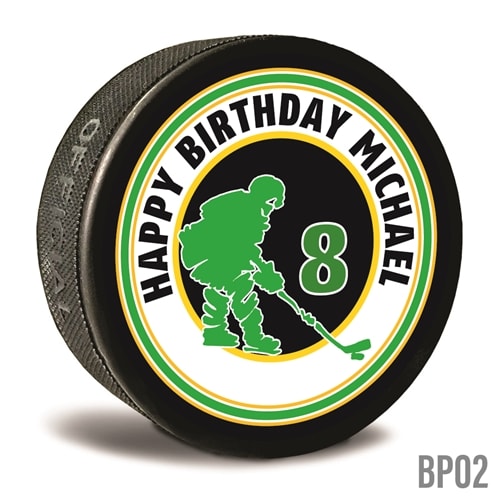 Hockey pucks are printed in vibrant colors with your choice of colors and text. Custom printed hockey puck souvenirs for party guests. It's always nice to let someone leave with a personalized memory.