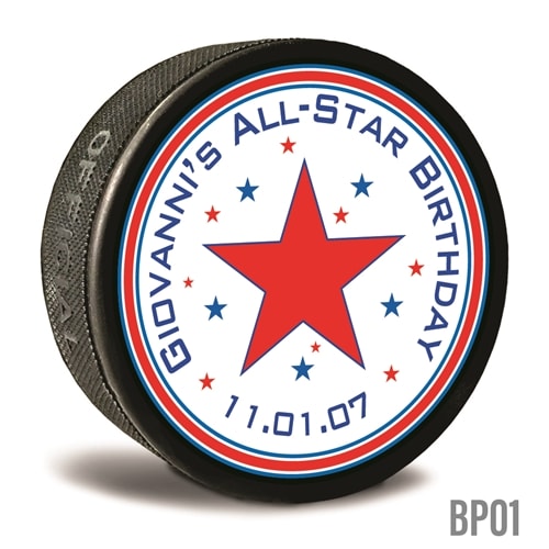 Hockey pucks are printed in vibrant colors with your choice of colors and text. Custom printed hockey puck souvenirs for party guests. It's always nice to let someone leave with a personalized memory.