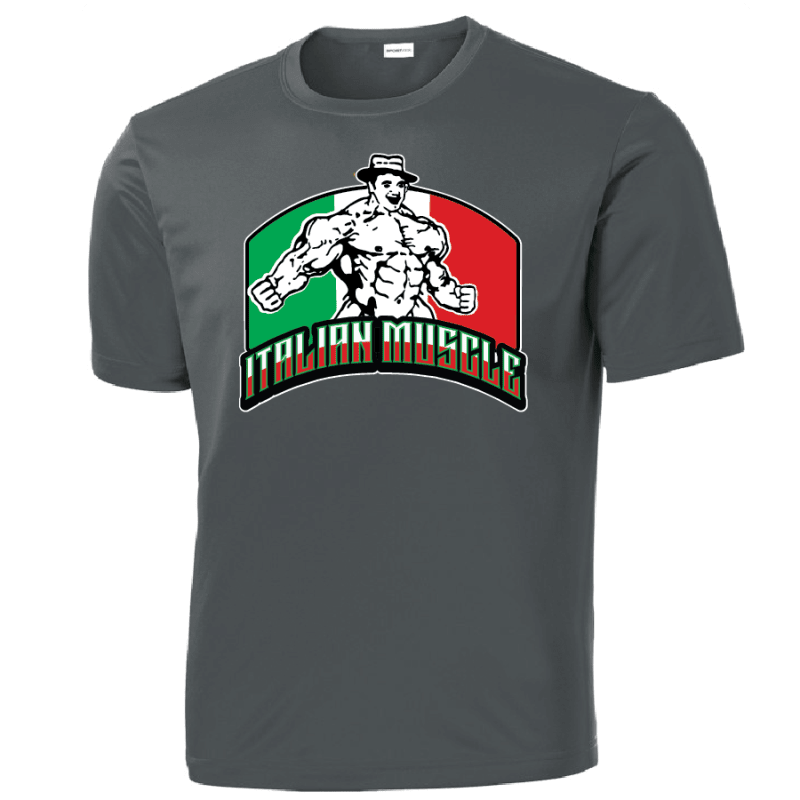 Quality tee shirt with the italian muscle logo printed center chest.