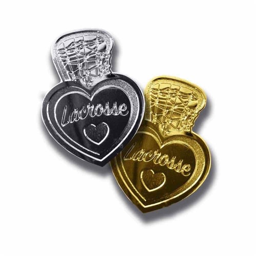 i love lacrosse lapel pins set of two. One lacrosse lapel pin is silver. The other lacrosse lapel pin is gold.