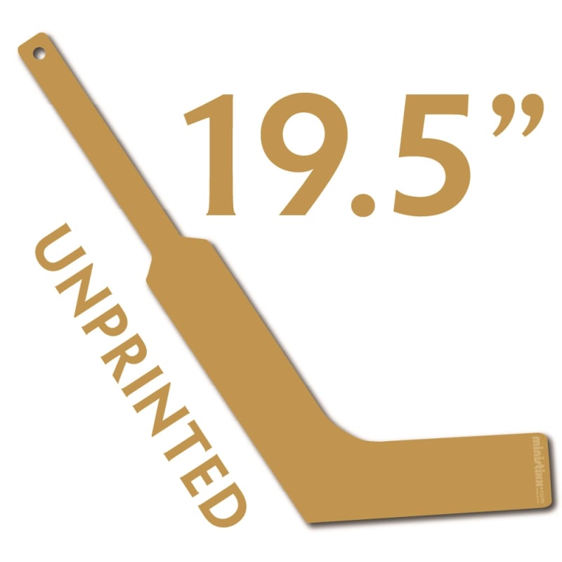 Manufacture direct wholesale unprinted Gold plastic mini goalie stick is 19.5" in length,  manufactured in usa and used as a knee hockey goalie stick by mini hockey players