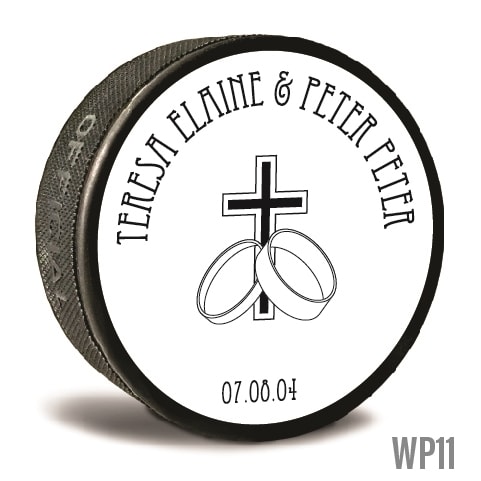 Your wedding can be personalized and memorable with custom printed pucks. Rings and cross custom printed pucks are customizable hockey pucks and hockey wedding favors