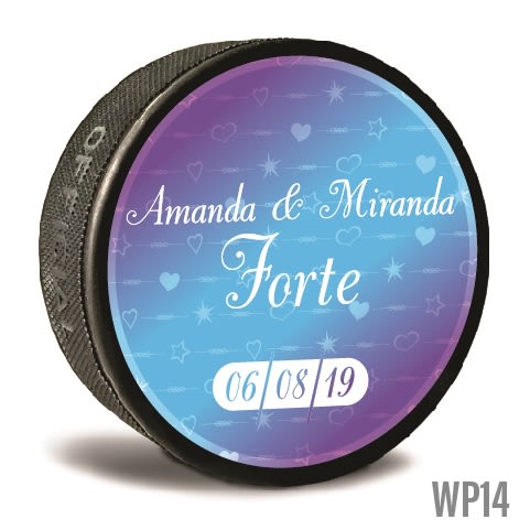 Your wedding can be personalized and memorable with custom printed pucks. Rings and heart custom printed pucks are customizable hockey pucks and hockey wedding favors