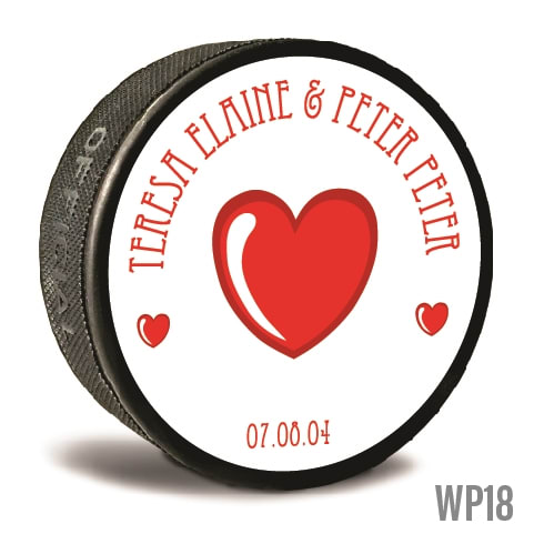 Your wedding can be personalized and memorable with custom printed pucks. Three hearts custom printed pucks are customizable hockey pucks and hockey wedding favors