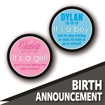 BIRTH Announcement hockey pucks