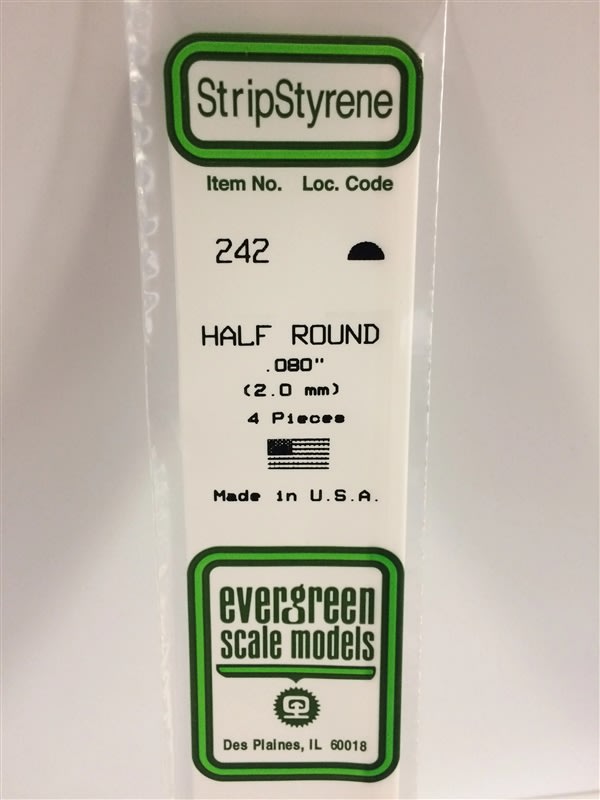 Evergreen Scale Models  .080" 2.0mm Opaque White Polystyrene Half Round