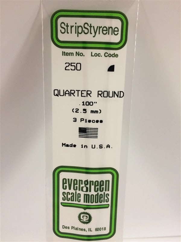 Evergreen Scale Models  .100" 2.5mm Opaque White Polystyrene Quarter Round