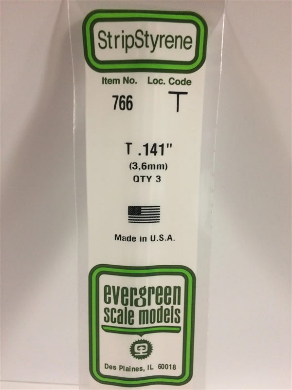 Evergreen Scale Models .141" 3.6mm Opaque White Polystyrene T Shape