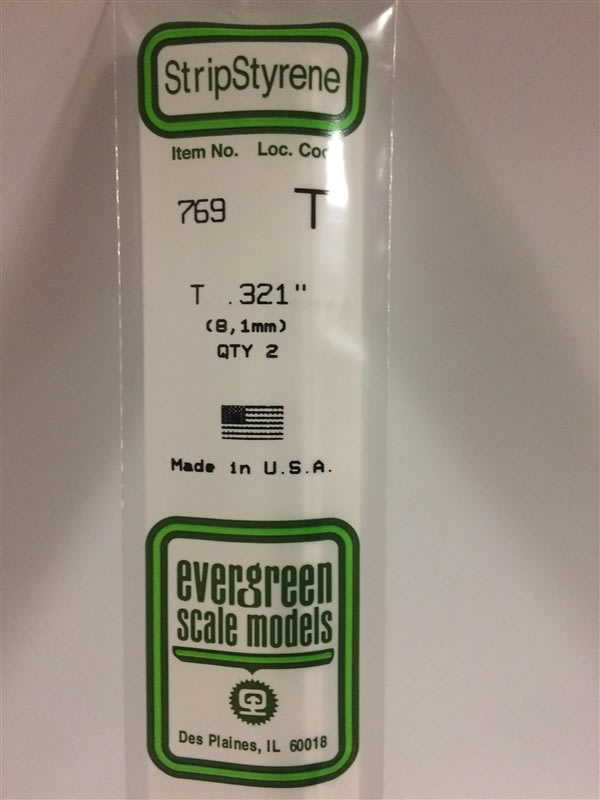 Evergreen Scale Models .321" 8.1mm Opaque White Polystyrene T Shape