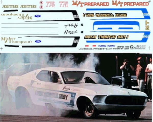 Mickey Thompson's White '69 Mustang FC, 69 Mustang Pro Stock, '64 T'bolt Decals (1/25)