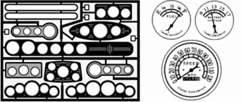 Street Rod Gauge Panels: classic style faces, black letters on clear background