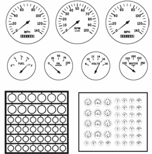 Gauge Bezels: Modern style faces, black letters on clear background