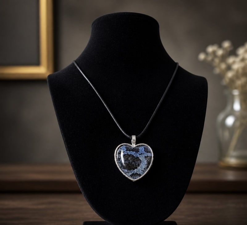 Blue python skin heart-shaped pendant necklace displayed on a black jewelry bust with silver-tone trim and elegant artisan craftsmanship.