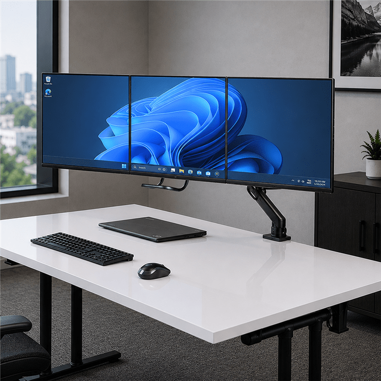 Triple Monitor Desk Mount for up to 27 inch flat screen monitors