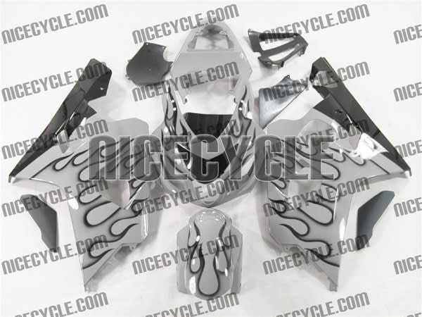 Black Fire on Silver Suzuki GSX-R 600 750 Fairings Black Fire on Silver Suzuki GSX-R 600 750 Fairings