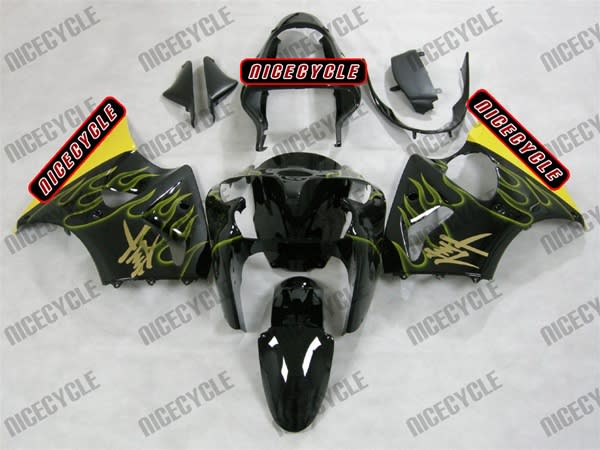 Kawasaki ZX6R Yellow Flame Kanji Fairings