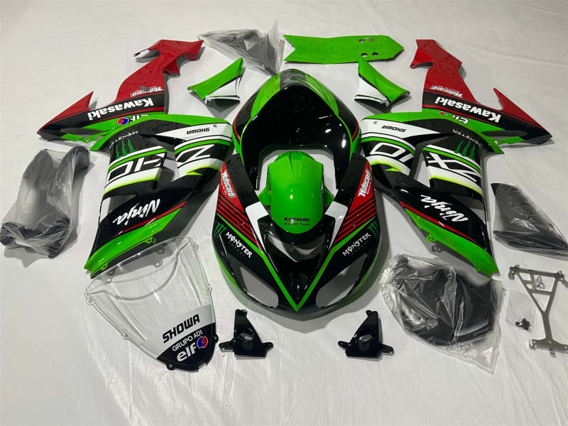 2006-2007 Kawasaki ZX-10R motorcycle fairings kit in green, black, red, and white with Monster Energy and Ninja decals, full replacement bodywork set.