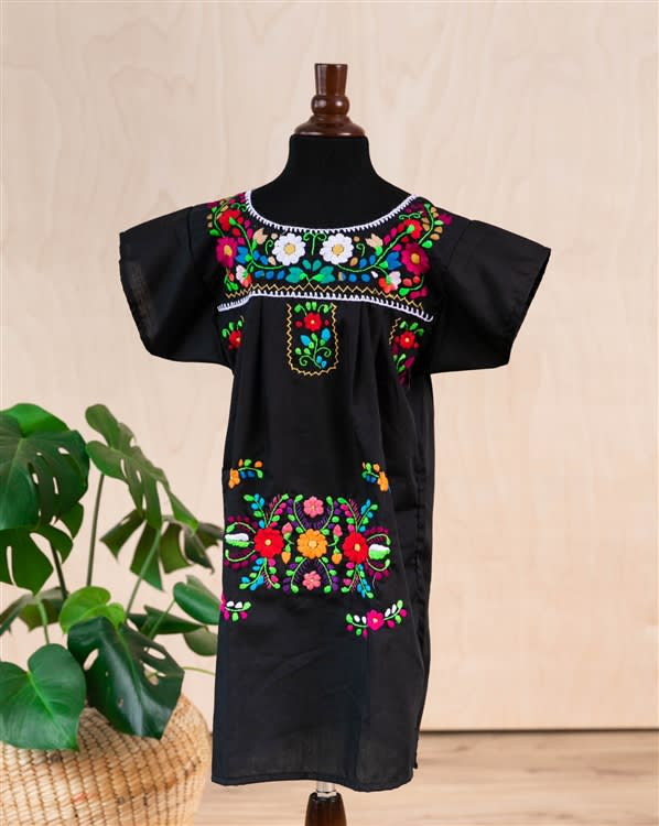 Girls Mexican Embroidered Pueblo Dress - Black