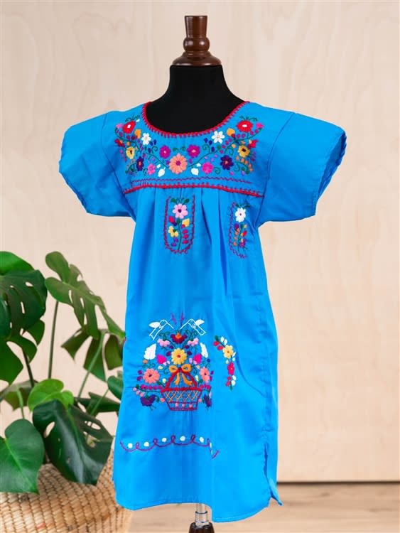 Girls Mexican Embroidered Pueblo Dress - Turquoise