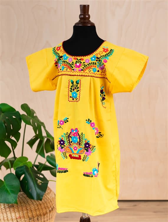 Girls Mexican Embroidered Pueblo Dress - Yellow Girls Mexican Embroidered Pueblo Dress - Yellow