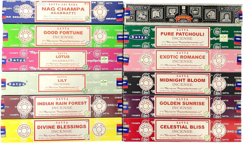 Satya Bangalore (BNG) Set of 12 Nag Champa Super Hit Celestial Bliss Divine Blessings Exotic Romance Golden Sunrise Indian Rainforest Midnight Bloom Pure Patchouli Good Fortune Lotus Lily