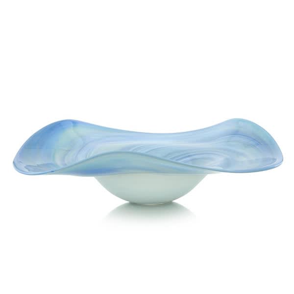 Hand-blown glass bowl in vivid blue and white with abstract round form