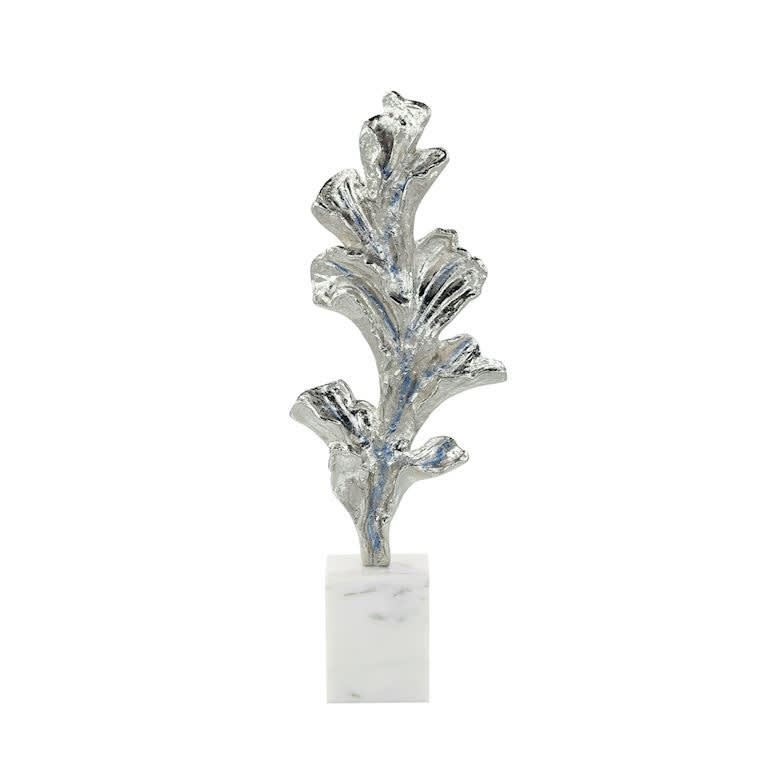 Gleaming Leaf Sculpture on Marble Base, Medium Silver
