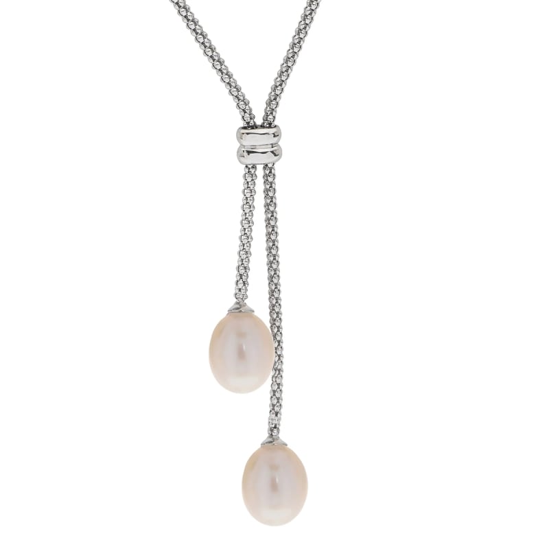 Sterling Silver Lariat Necklace with Rice Pearl Drops