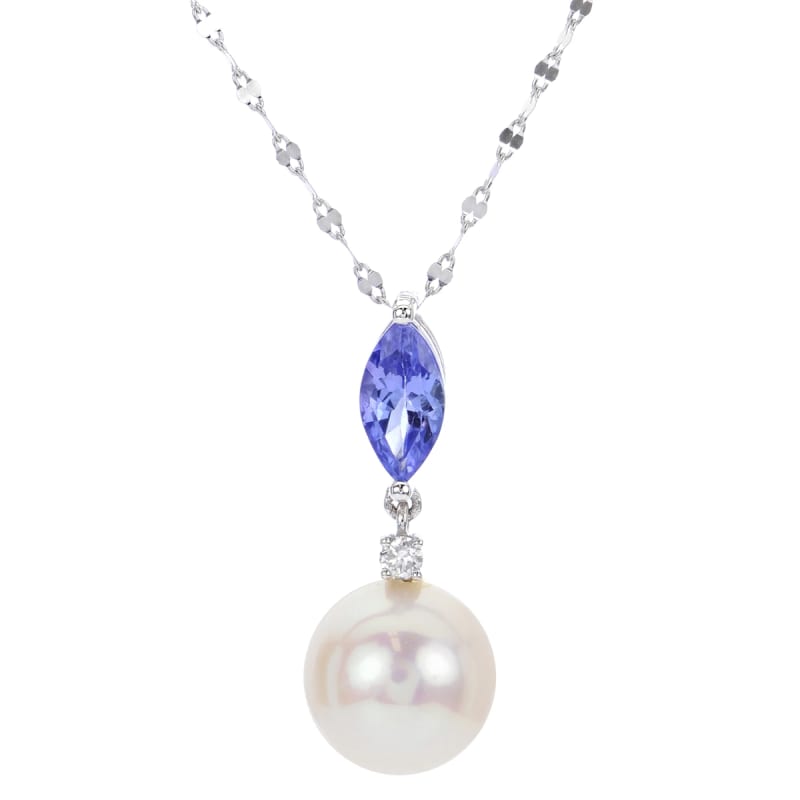 Tanzanite & Freshwater Pearl Diamond Pendant 14K White Gold