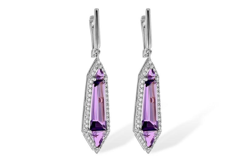 Amethyst & Diamond Dangle Earrings 14K White Gold