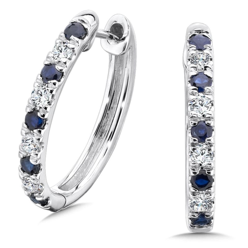 Diamond and Sapphire Oval Hoop Earrings 14K  White Gold