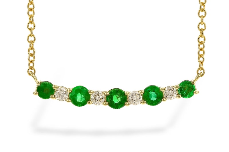 Emerald & Diamond Bar Necklace 14K Yellow Gold