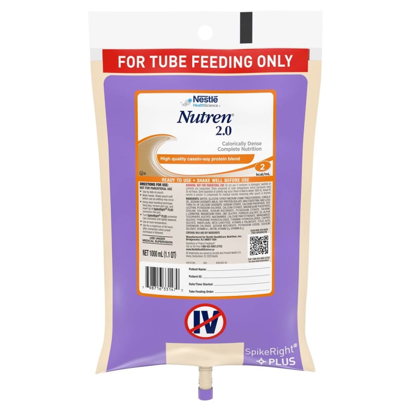 Nestle Healthcare Nutrition Nutren® 2.0 Tube Feeding Formula, 1000 mL Ready to Hang Prefilled Container Nestle Healthcare Nutrition Nutren® 2.0 Tube Feeding Formula, 1000 mL Ready to Hang Prefilled Container