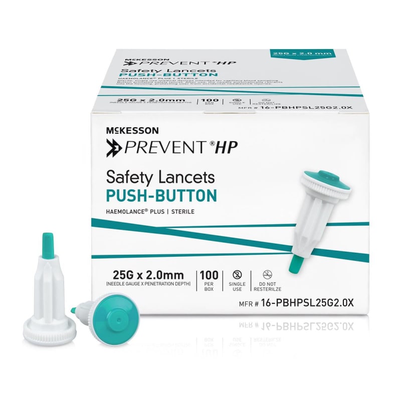 McKesson Prevent® HP Push Button Safety Lancet, 25 Gauge, 2.0 mm McKesson Prevent® HP Push Button Safety Lancet, 25 Gauge, 2.0 mm