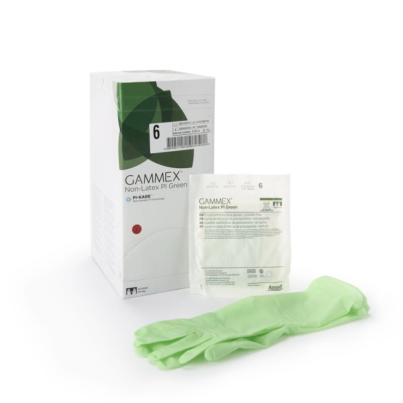 Ansell GammexÂ® Non-Latex PI Green Polyisoprene Surgical Glove, Size 6, Light Green