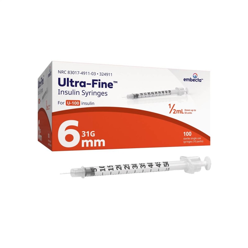 embecta Medical II LLC Standard Insulin Syringe with Needle Veoâ„¢ Ultra-Fineâ„¢ 0.5 mL 15/64 Inch 31 Gauge NonSafety Regular Wall