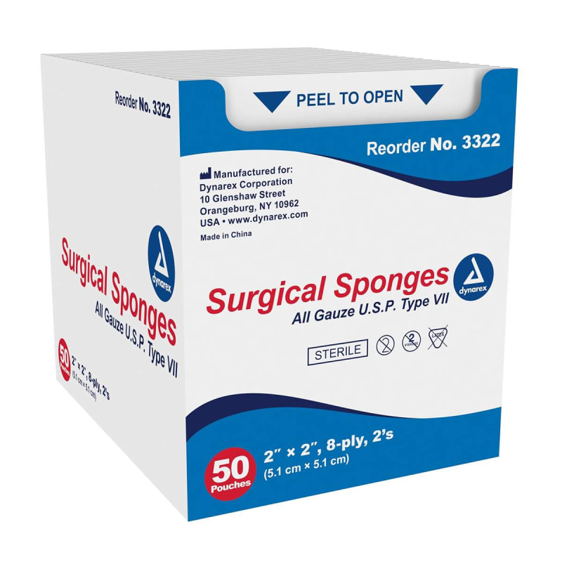 dynarexÂ® Sterile Gauze Sponge, 2 x 2 Inch, Eight-Ply