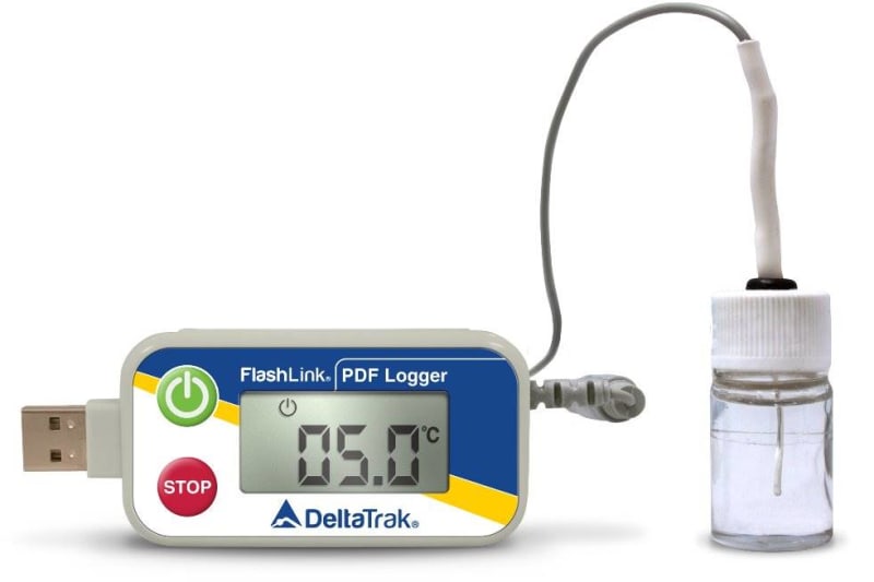 DeltaTrak Inc Vaccine Temperature Data Logger with Alarm FlashlinkÂ® PDF Logger Fahrenheit -58Â° to +104Â°F (-50Â° to +40Â°C) Glycol Bottle Probe Magnet Battery Operated
